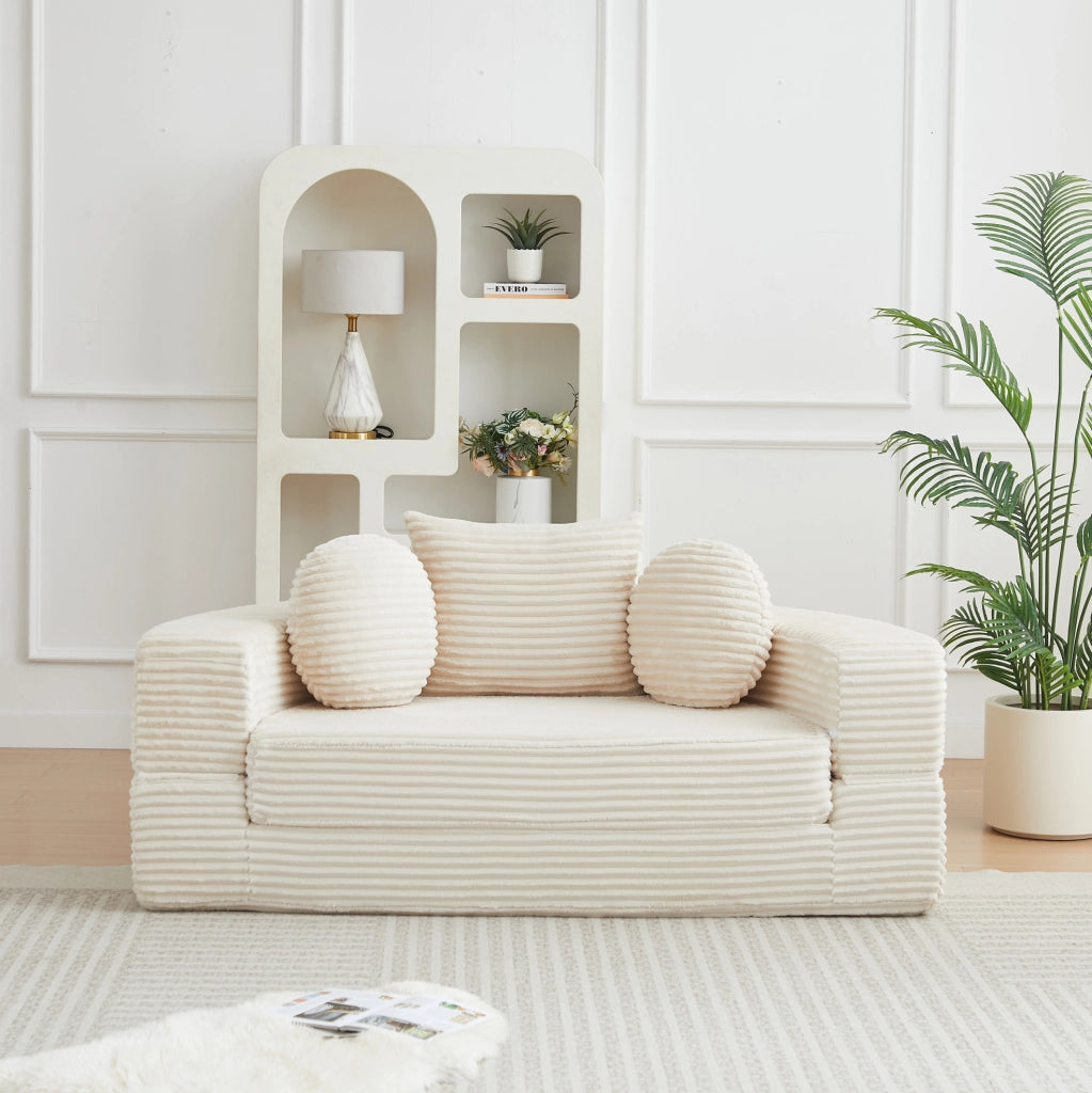 Divano Letto 4 in 1 in Velluto a Coste; Trasformabile; Beige; per Soggiorno e Spazi Compatti