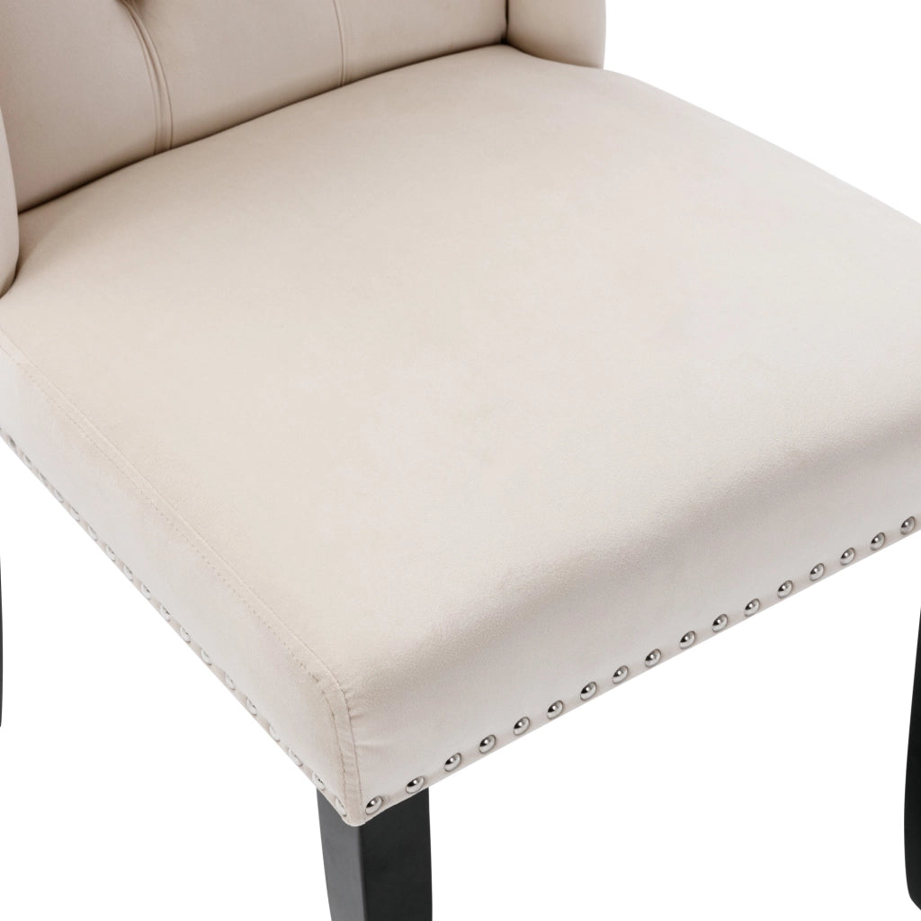 Sedie da pranzo set di 6 in velluto beige con gambe in rovere schienale capitonné borchie e maniglia cromata