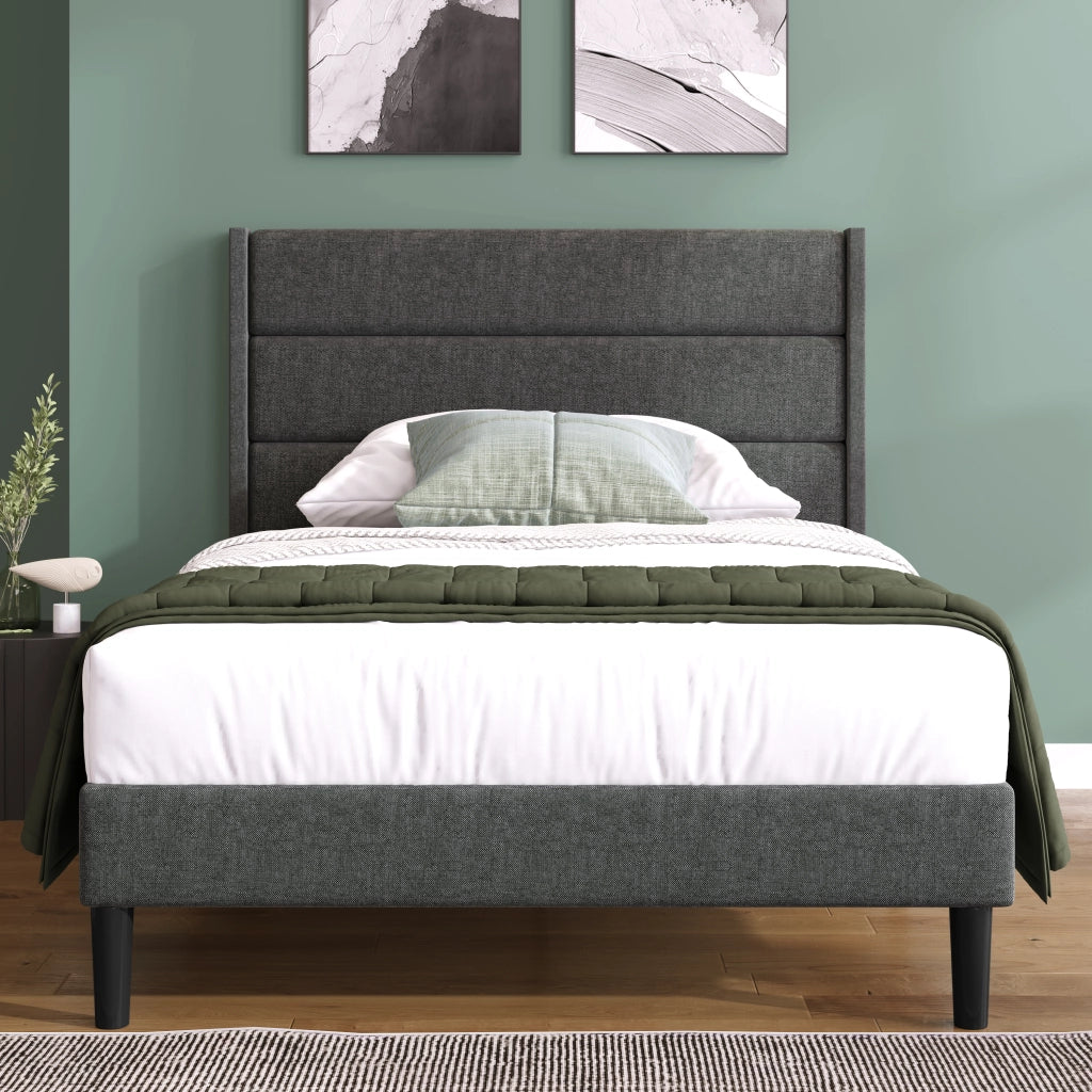 Letto singolo imbottito 90x200 cm con testiera imbottita e rete a doghe; rivestimento in lino; grigio