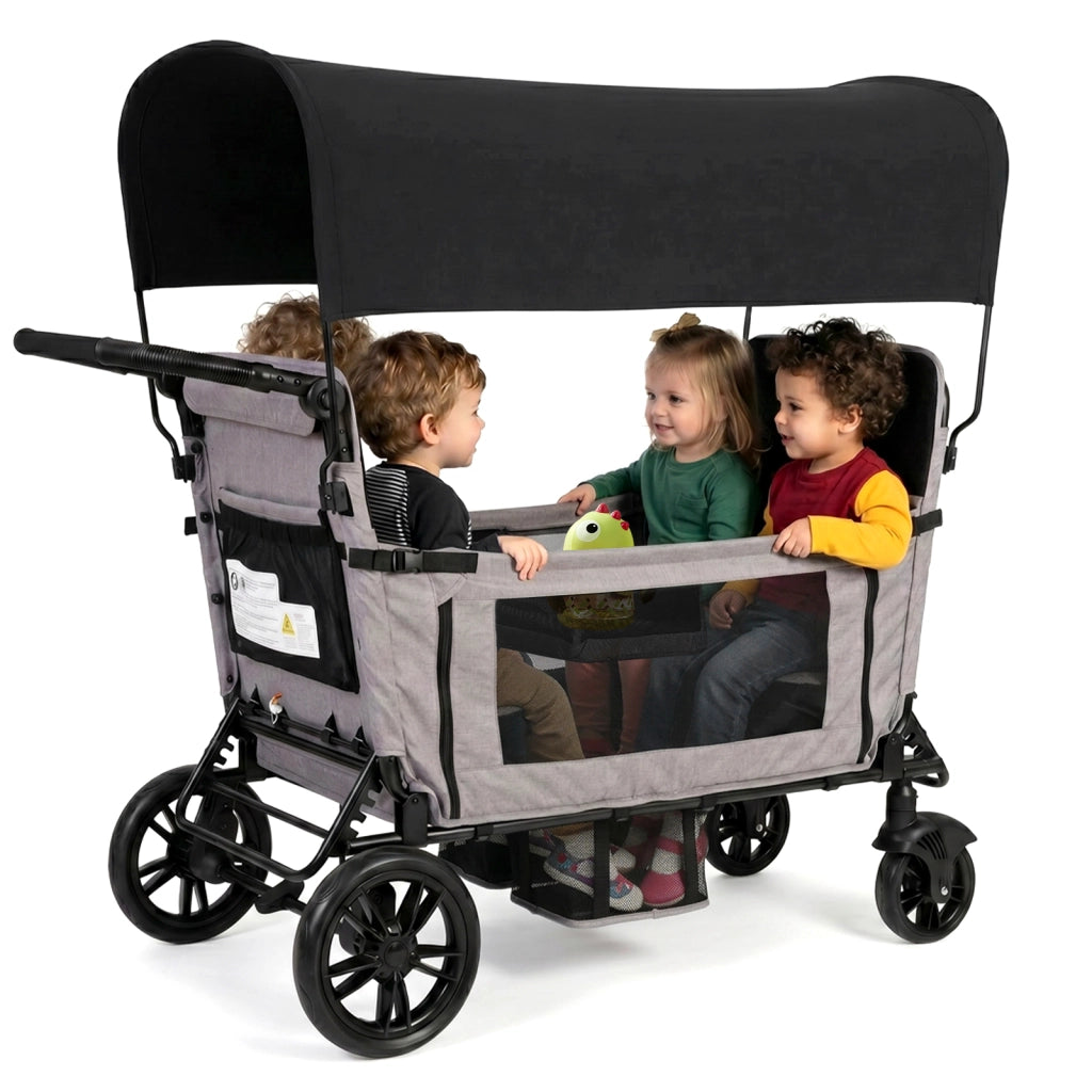 Großer Bollerwagen faltbar mit 4 Sitzen, Hellgrau, Sitz zu Großliege umwandelbar, 8-fach Griffverstellung, faltbar, mit Sonnendach & Tablett, geländegängigen PU-Rädern, Seitentasche, Getränkehalter