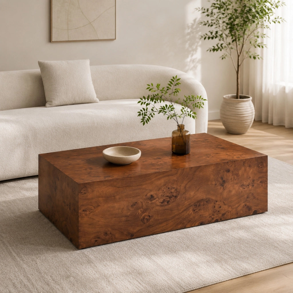 Tavolino basso fisso in MDF color noce con finitura effetto legno e struttura a telaio per soggiorno