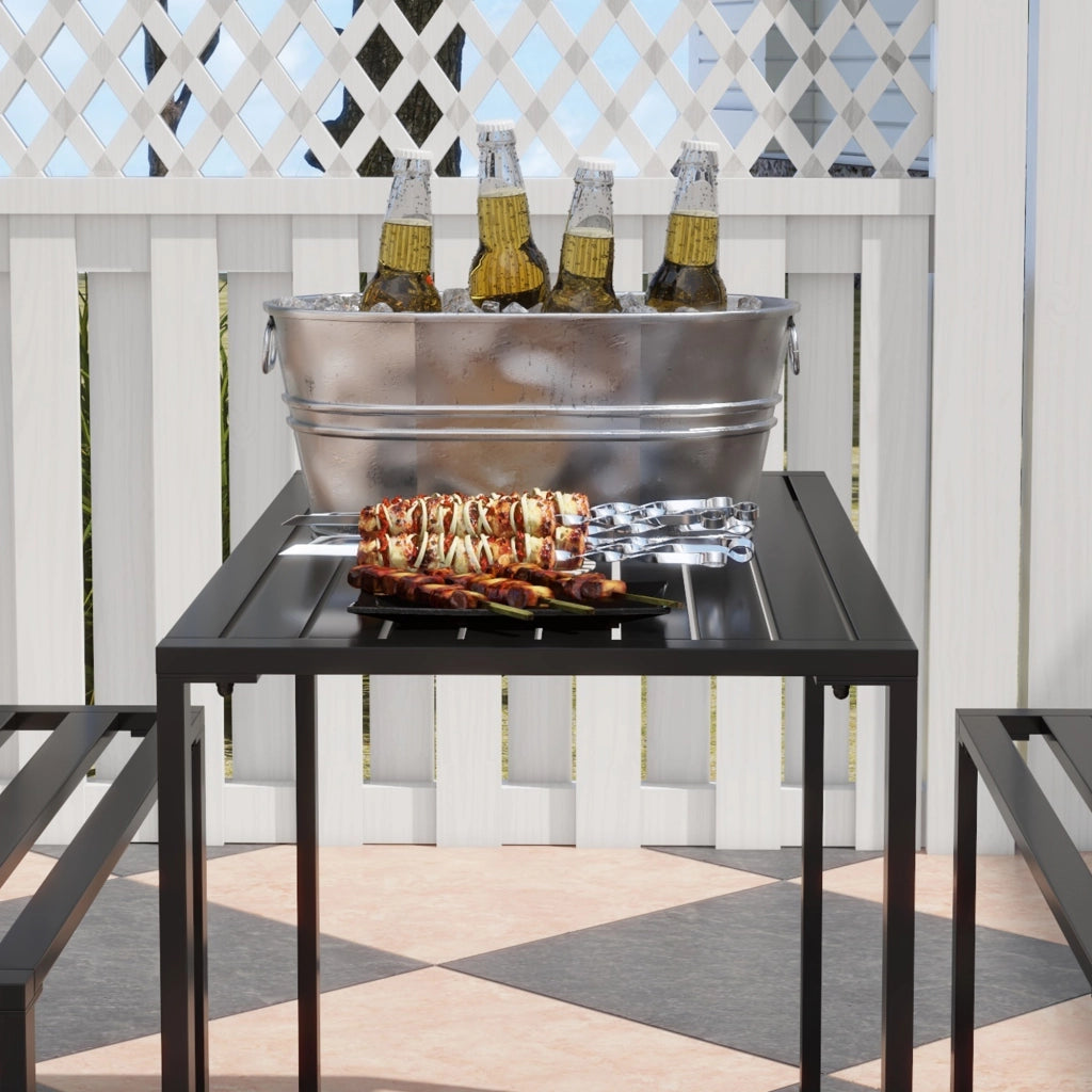 Set da giardino 3 pezzi con tavolo e due panche in metallo nero per 4 persone 110 × 55 × 70 cm