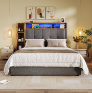 Letto imbottito 90x200 cm con contenitore idraulico, LED, USB e USB-C in lino grigio