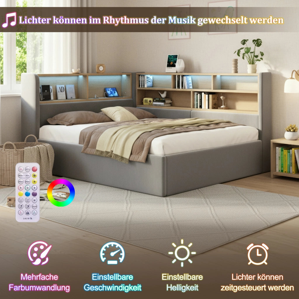 Letto con contenitore idraulico LED USB e USB-C in velluto grigio