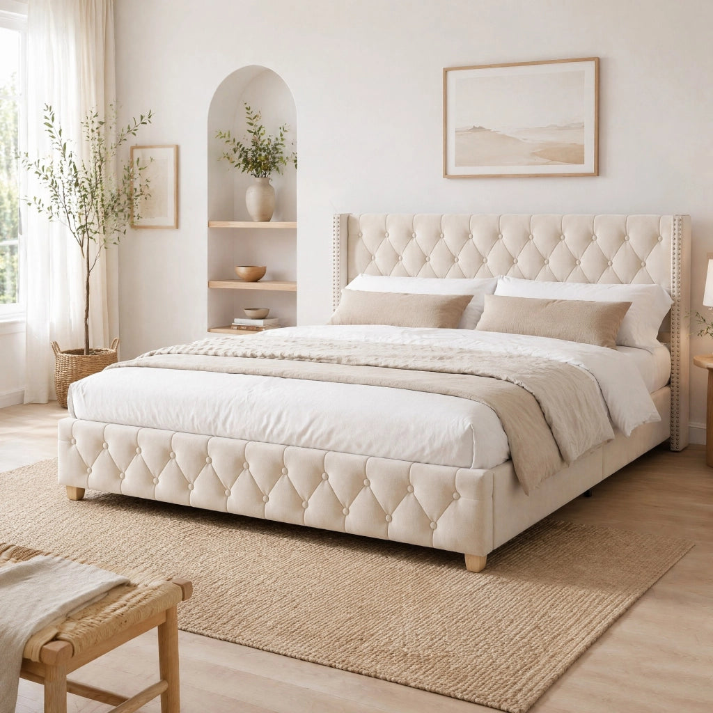 Letto imbottito 160 × 200 cm con rete a doghe testiera e pediera capitonné rivestito in velluto beige chiaro