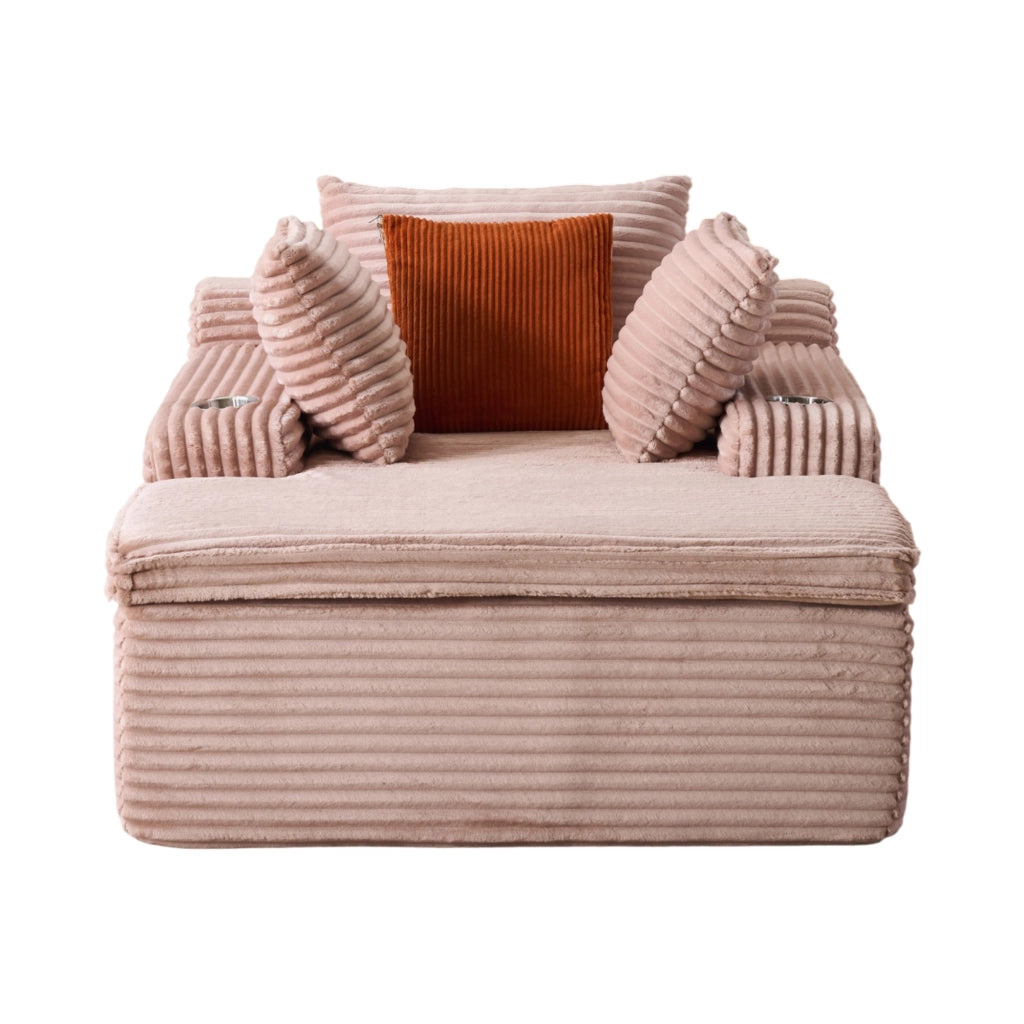 Divano letto moderno senza scheletro con chaise longue in velluto rosa, 3 cuscini e coperta inclusi, senza montaggio