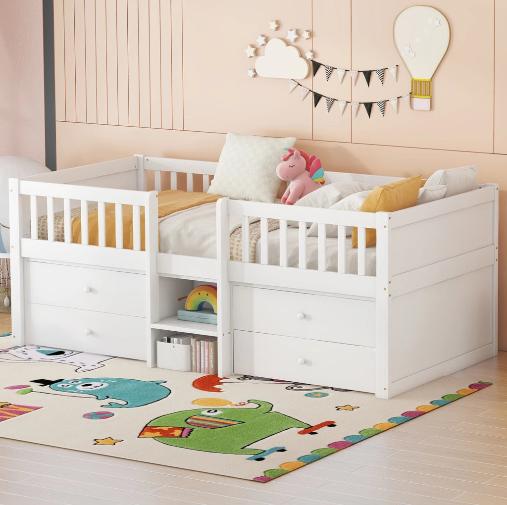 LETTO Semialto 90x200 cm con 4 cassetti scala e sponde in legno di pino bianco