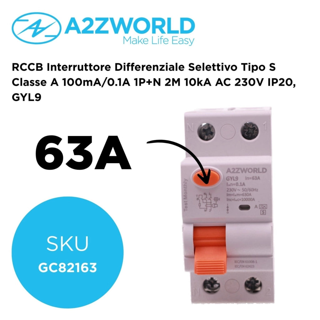 RCCB Interruttore Differenziale Selettivo Tipo S Classe A 100mA/0.1A 1P+N 2M 10kA AC 230V IP20, GYL9, Corrente Disponibili 40A 63A (63A)