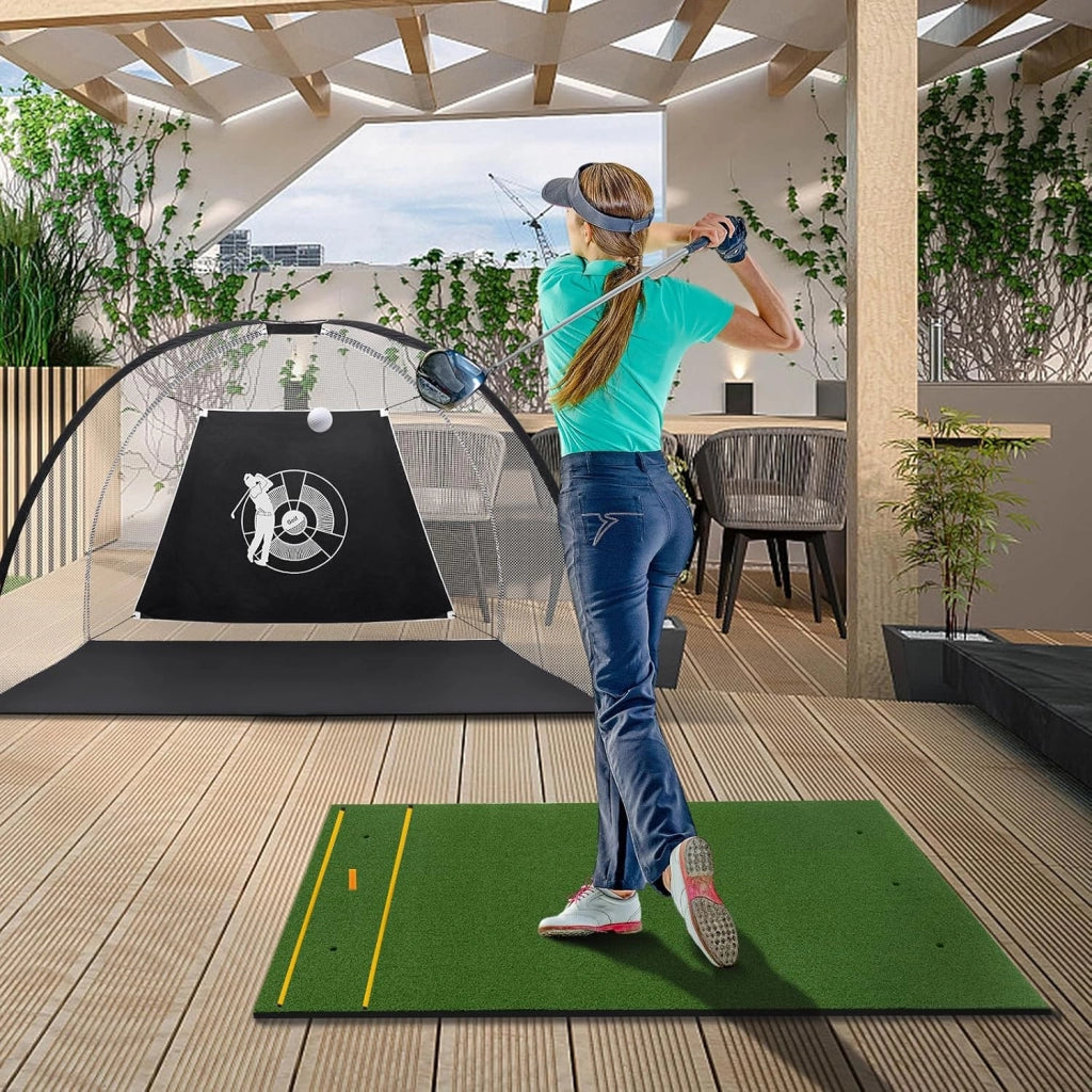 appeto da Allenamento Golf 3-in-1, Tappetino da Allenamento in Erba Sintetica con 2 Punte da Golf, 2 Aste di Allineamento e 3 Fori Preforati per le Punte