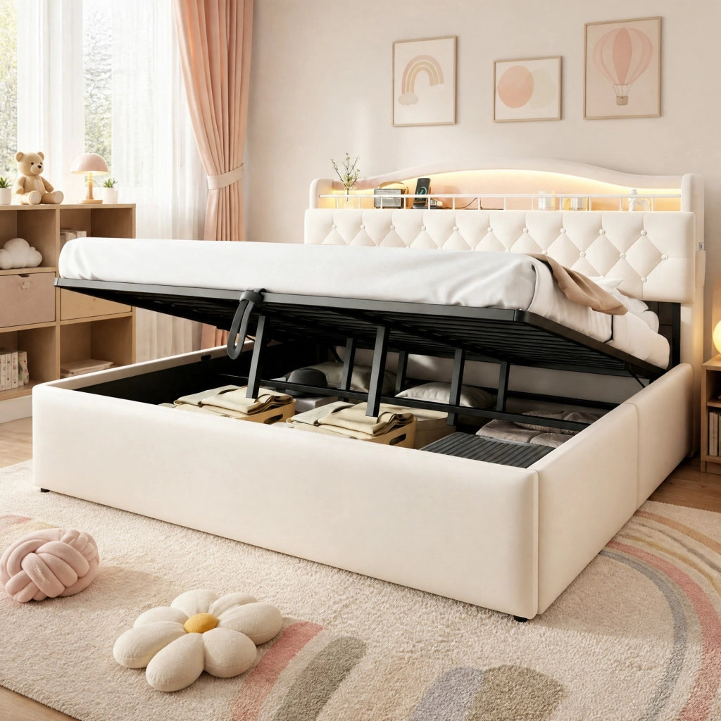 Letto imbottito 180x200 cm con contenitore idraulico e LED