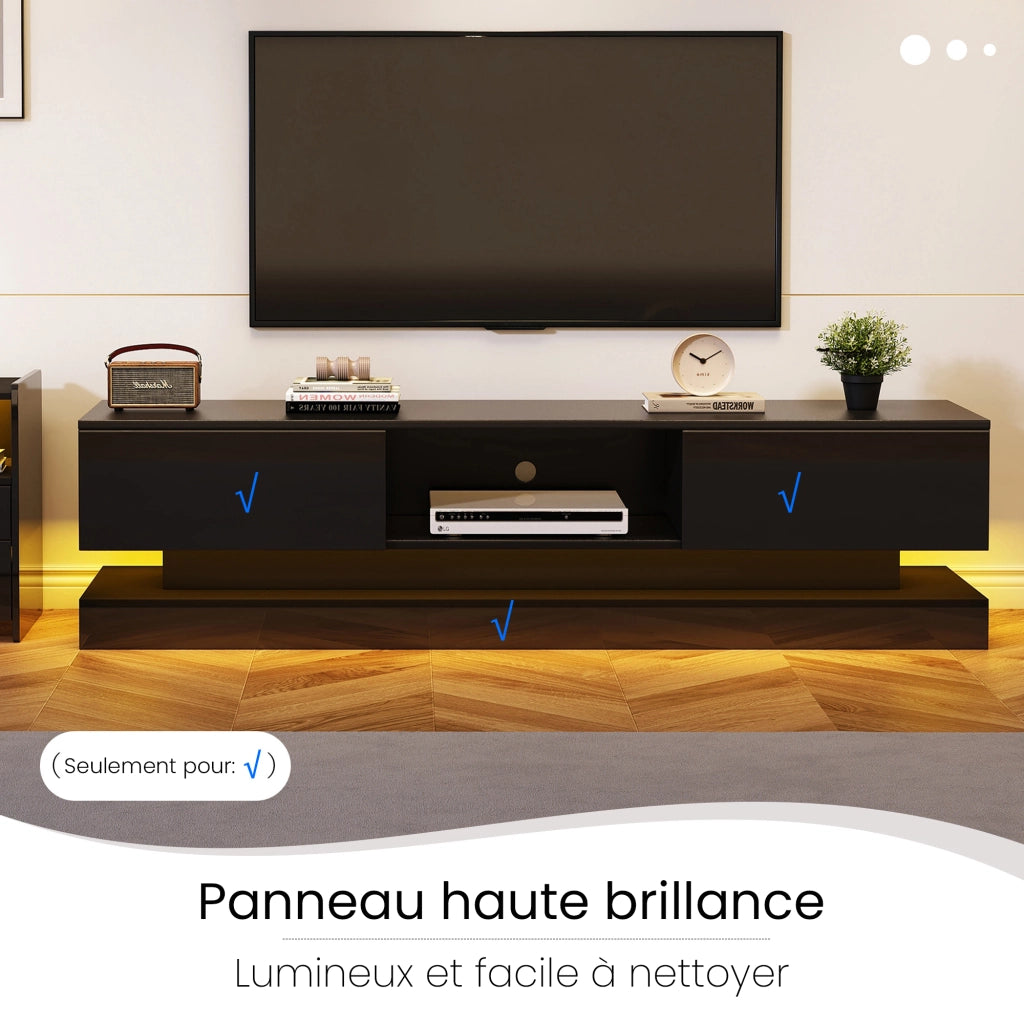 Mobile TV con LED multicolore via app; 2 cassetti; passacavi; nero lucido; 160 × 35 × 40.5 cm