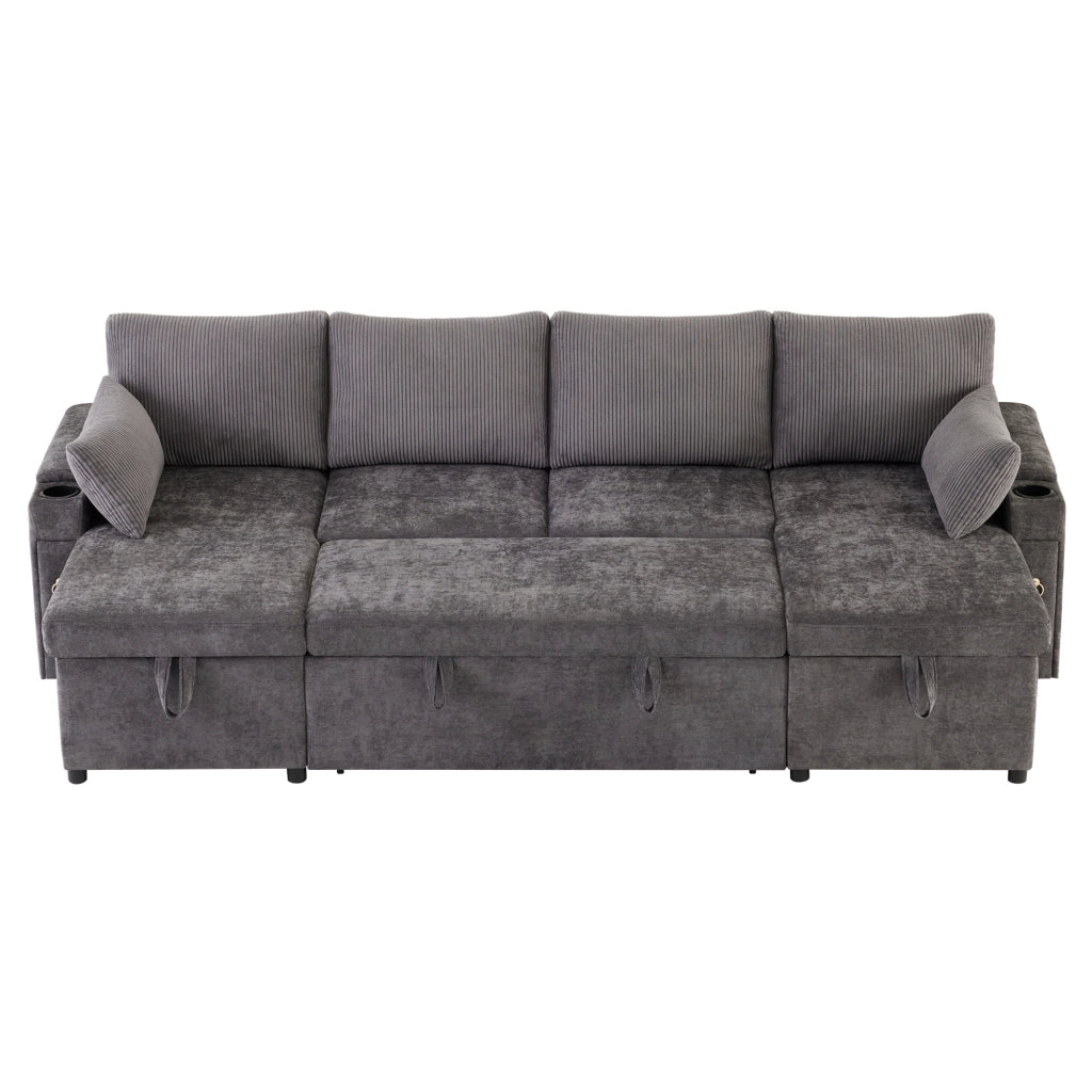 Divano letto modulare a U 4 posti con portabicchieri e contenitore; grigio