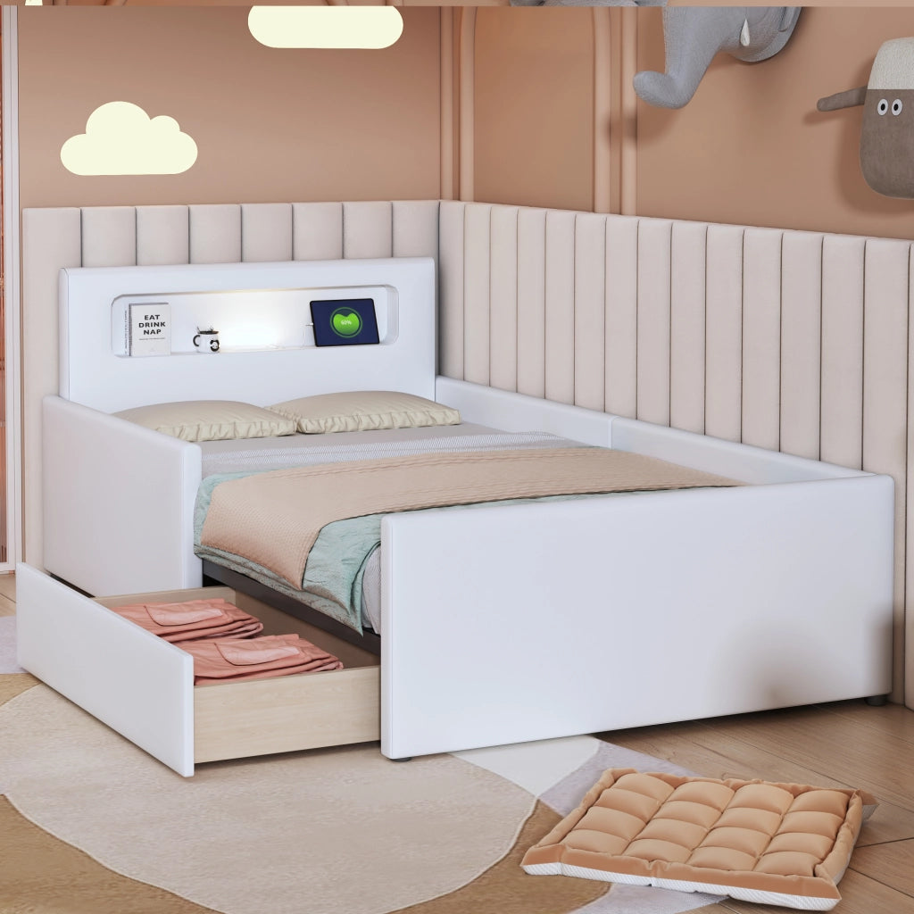 Letto singolo imbottito per bambini 90 × 200 cm con luce notturna USB cassetti e sponde rialzate bianco