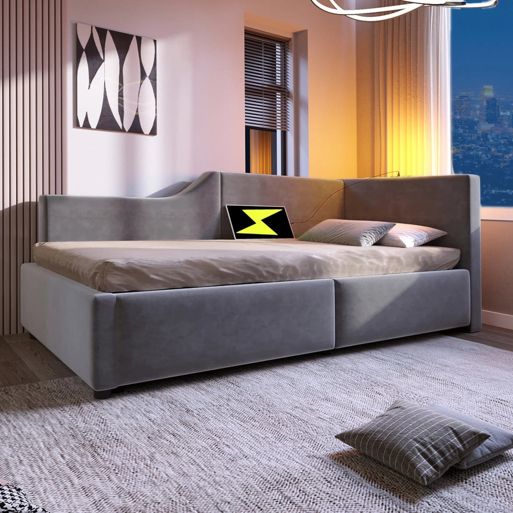 Divano letto imbottito 90x200 cm con contenitore idraulico, luce di lettura e ricarica USB-C, rete a doghe in legno, velluto - Grigio