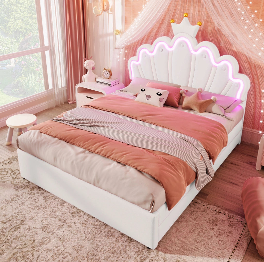 Letto imbottito 140x200 cm con 2 cassetti, testiera regolabile e luci ambientali LED multicolore, bianco, per bambini