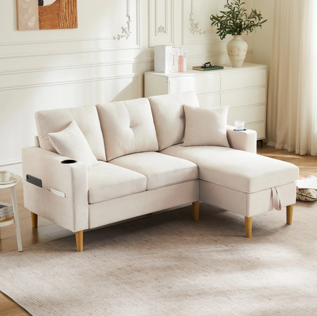 Divano angolare 3 posti con chaise longue reversibile beige