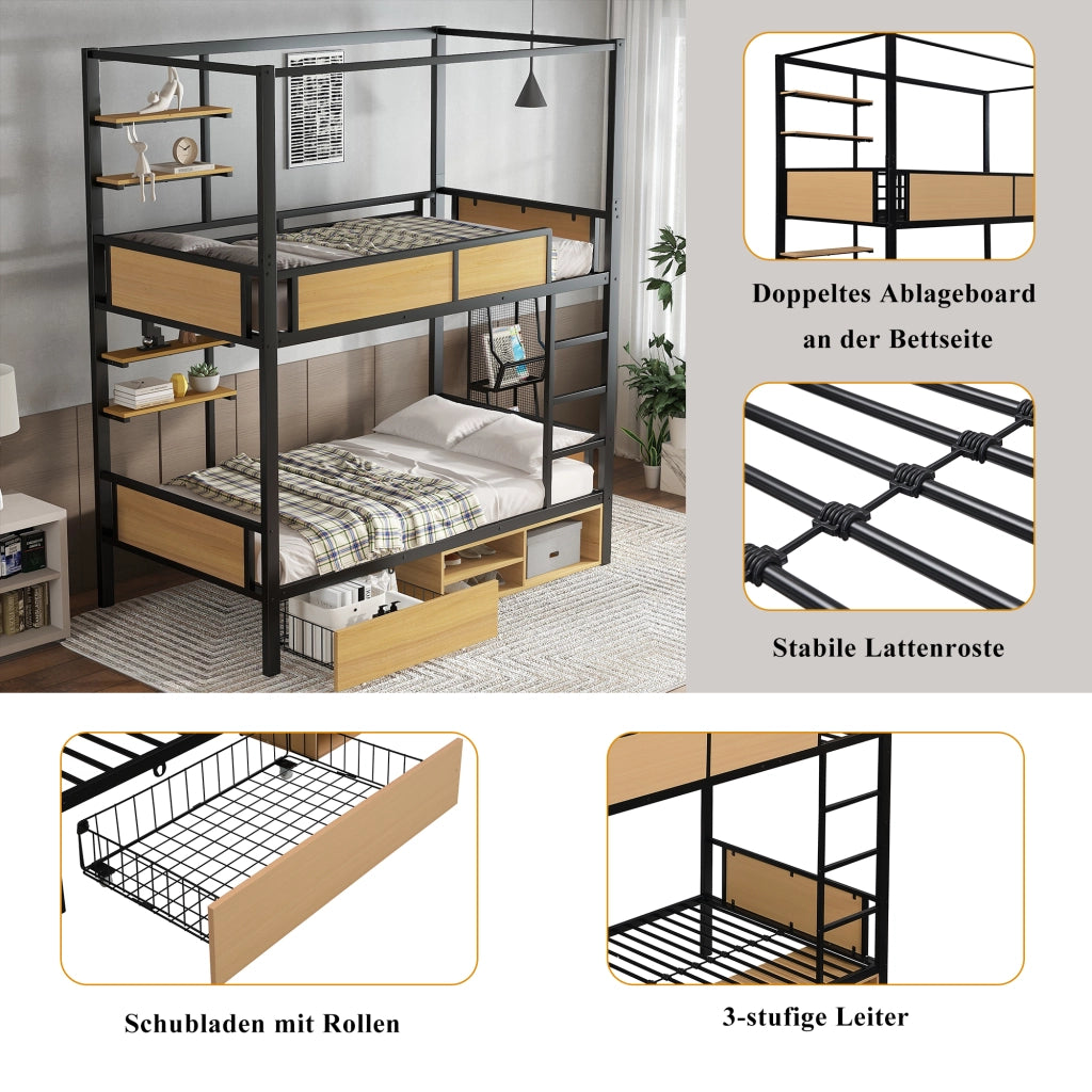 Letto a castello in ferro e MDF 90x200 cm nero e naturale, con doppie mensole, vani sotto il letto e baldaquino
