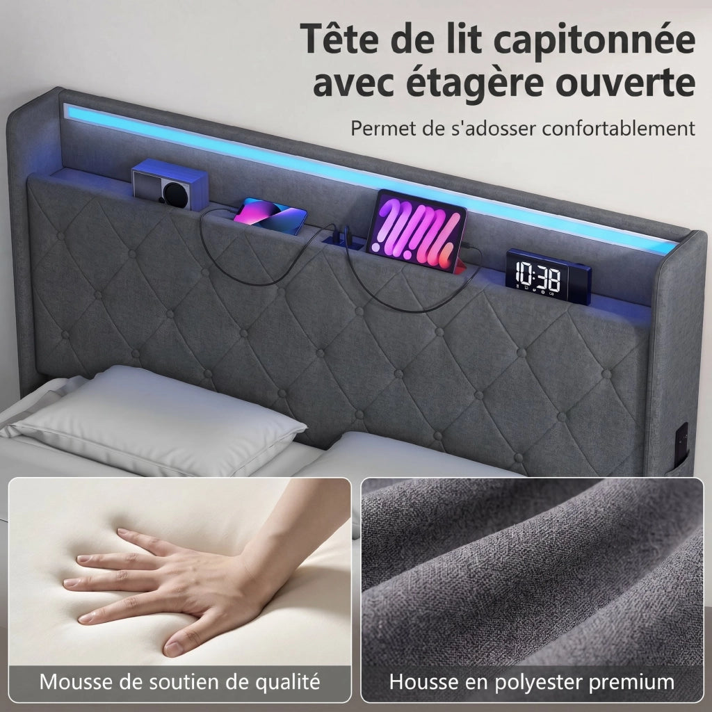 Letto contenitore matrimoniale imbottito 140x190 con LED e ricarica USB ¨C Xylo ¨C grigio tessuto