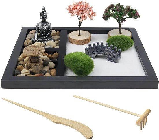 Mini insenio Zen giardino Zen sabbia Ornamenti meditativi Zen mini insenio Regalo meditativo mini giardino roccioso Sabbia meditativa Hanno piede di legno per rilassamento Meditazione (statua Buddhista)