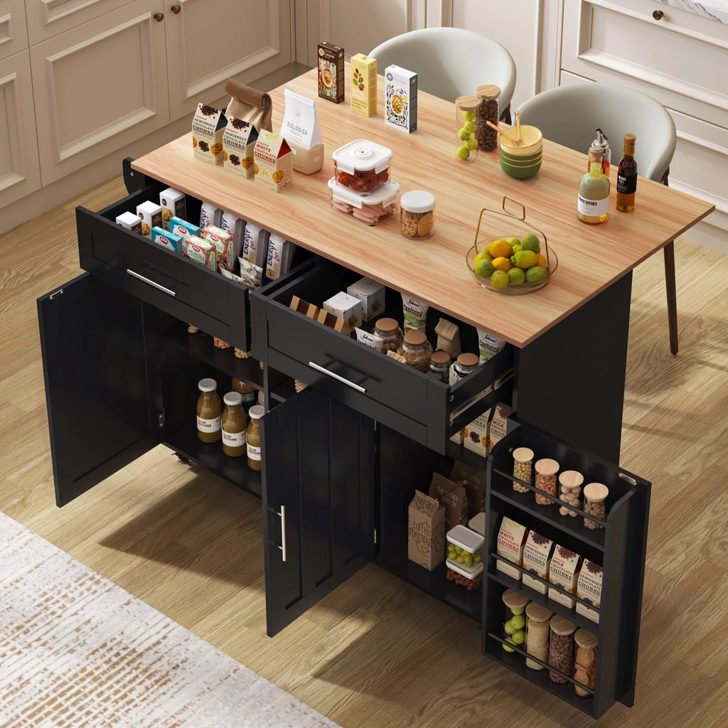 Carrello da cucina con 2 cassetti, ripiani regolabili, portasciugamani e piano pieghevole, nero, 129 × 71 × 91,5 cm