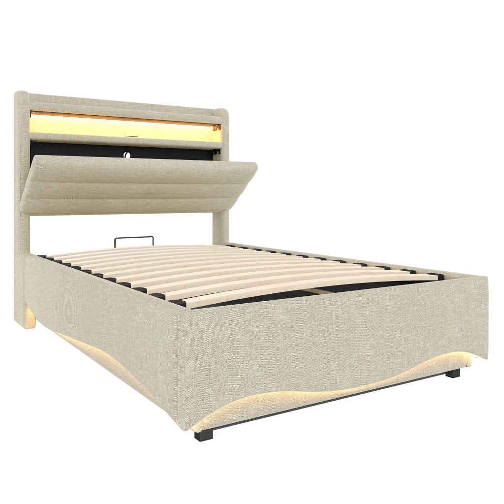 Letto contenitore singolo 90 × 200 cm con LED regolabile; sollevamento idraulico; USB e porta di tipo C; senza materasso