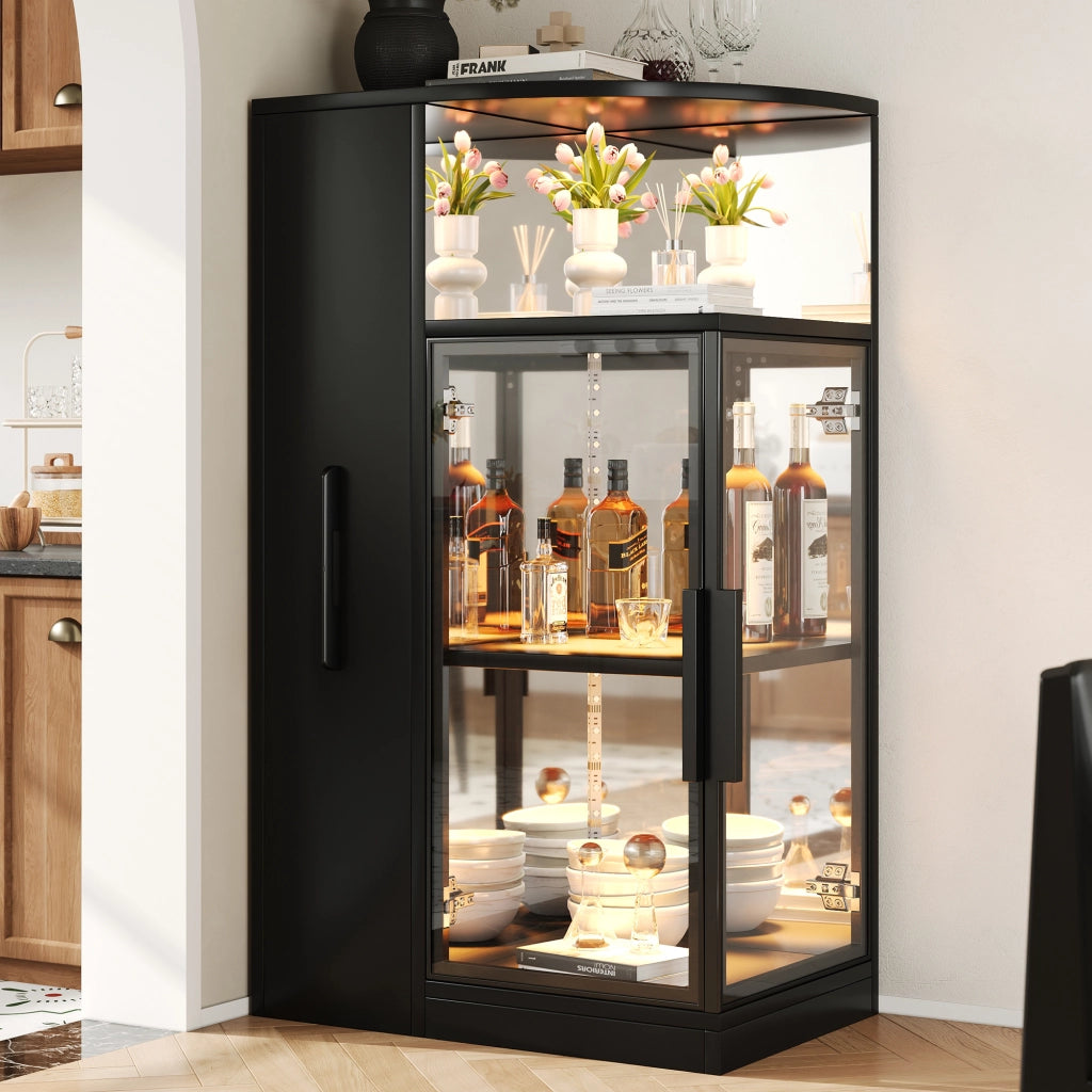 Vetrina 64x42x112 cm con mobile laterale estraibile e LED in vetro e truciolare nero