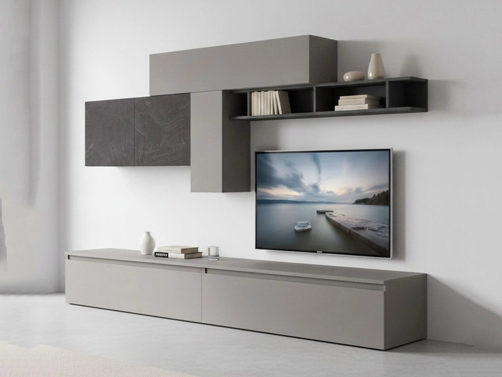 Parete attrezzata Anacamptis, Composizione soggiorno, Mobile salotto multiuso, Armadio porta TV, Made in Italy, 276x40 h180 cm, Ardesia e Grigio scuro