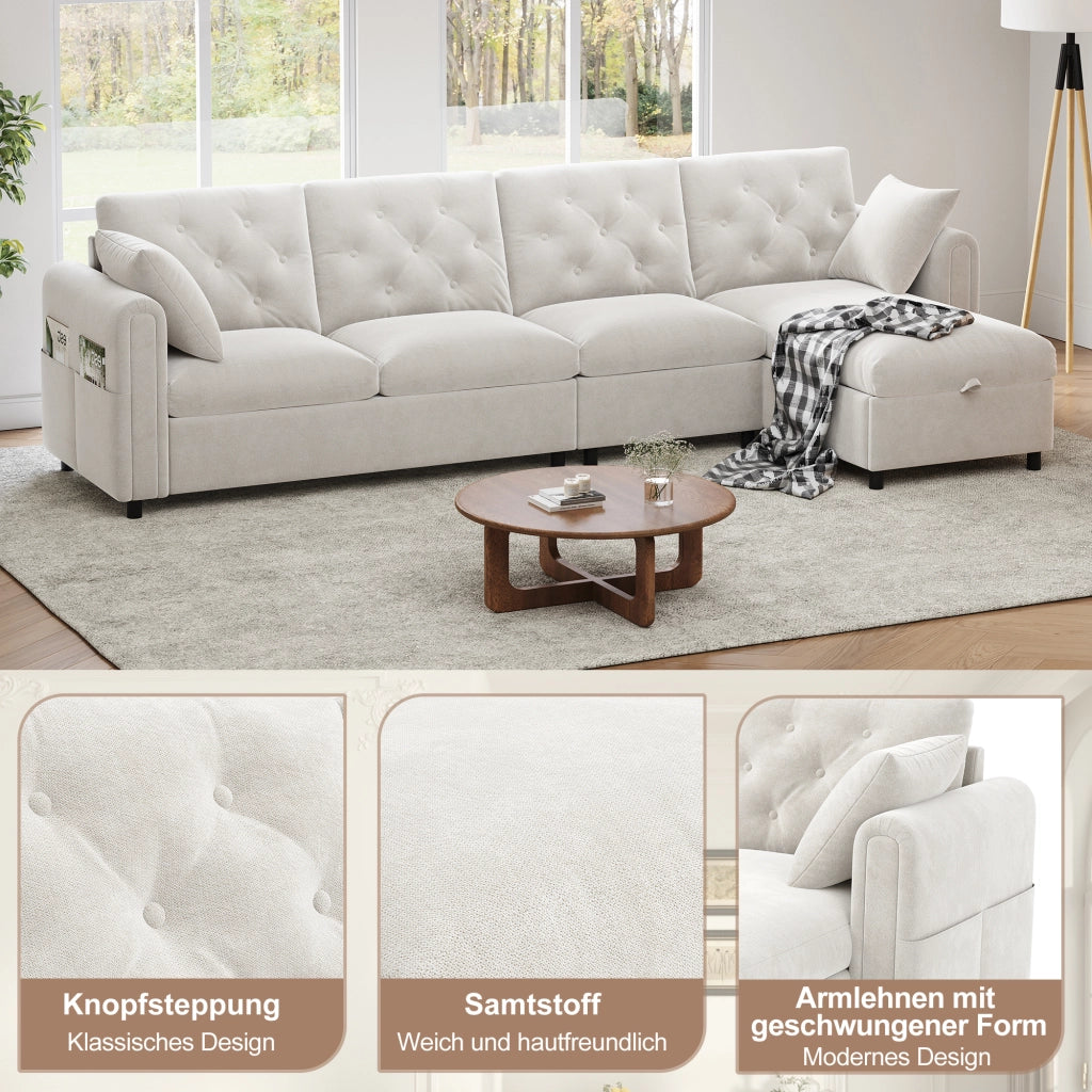 Divano letto modulare angolare con contenitore in poliestere beige configurabile a sinistra o destra 281 × 132 × 86 cm