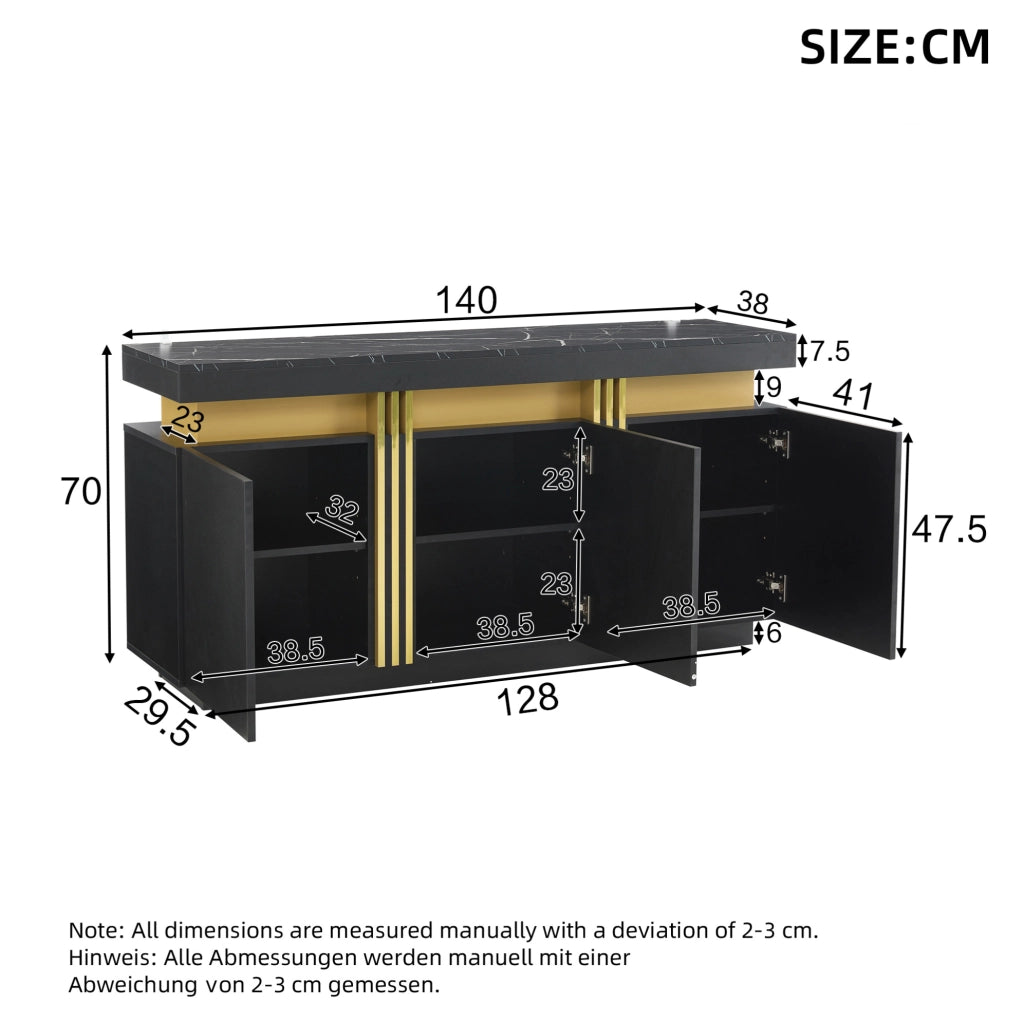 Sideboard Moderno Nero e Oro in Truciolato 140x38x70 cm con 3 Ante e Ripiani Regolabili