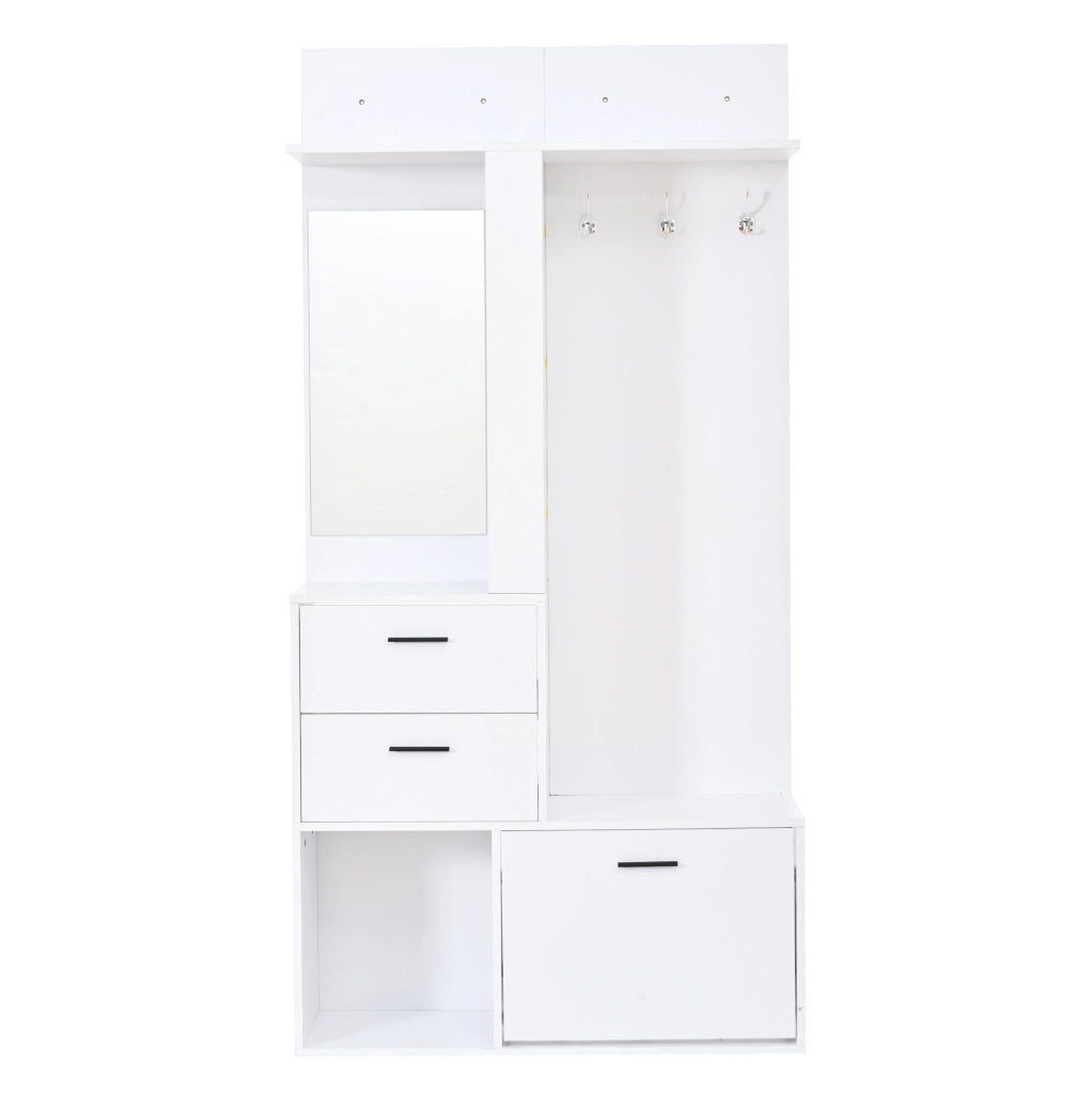 Garderoba bianca in MDF 90x30x180 cm con specchio, 2 cassetti, 3 ganci e scarpiera ribaltabile