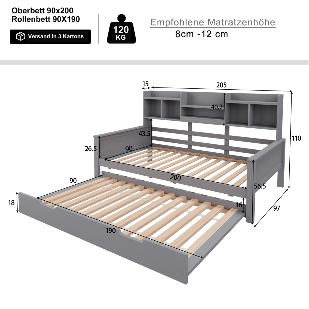 Letto con letto estraibile 90 × 200 cm con secondo letto 90 × 190 cm ripiani posteriori rete a doghe legno grigio
