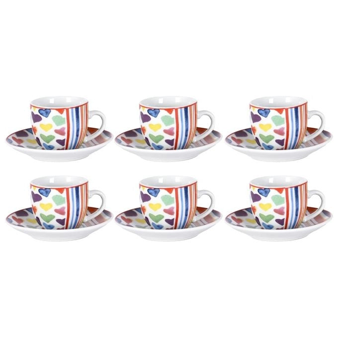 Borella 25690 Cuoricini Set 6 Tazzine Caffe' con Piattino Porcellana