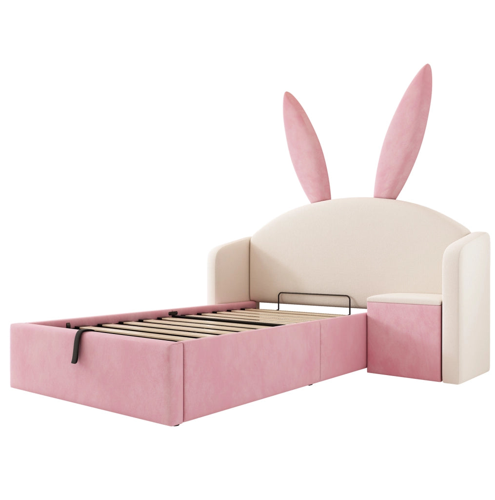 Letto per bambini 90x190 cm in velluto con contenitore e comodino beige e rosa