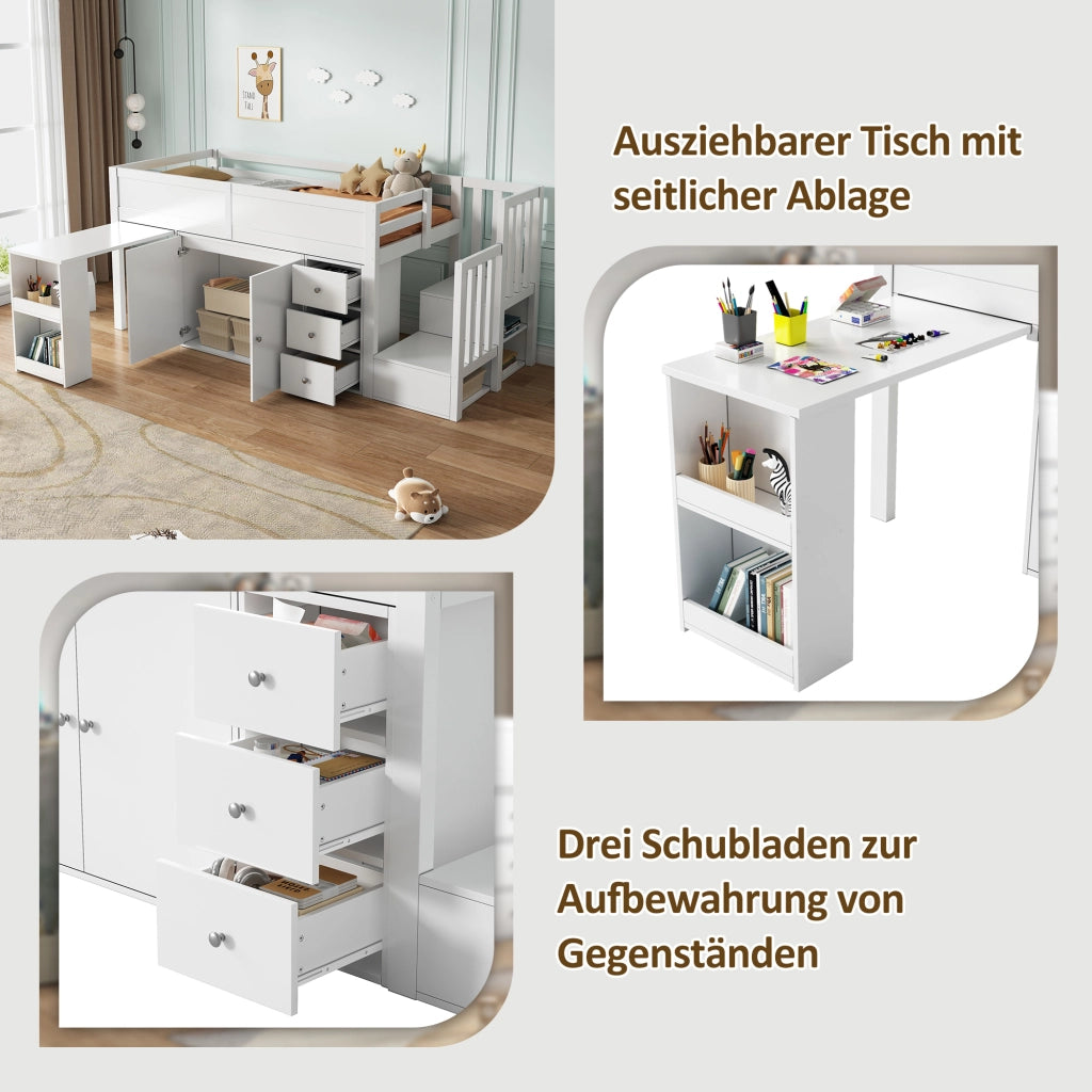 Letto a soppalco 90 ¡Á 200 cm con scrivania scala contenitore armadio cassetti e barriera in legno e MDF bianco