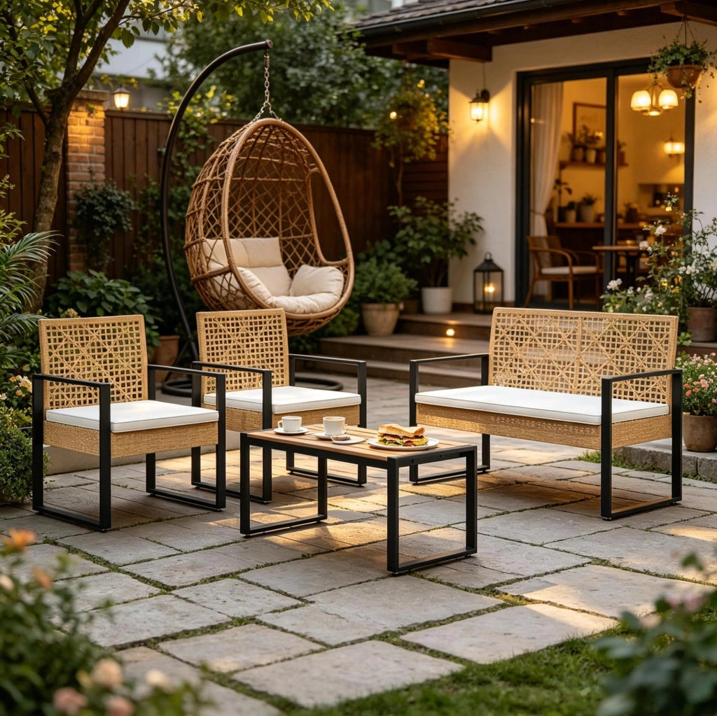 Set mobili da giardino modulari in rattan PE; 2 posti; 2 poltrone e tavolino; naturale