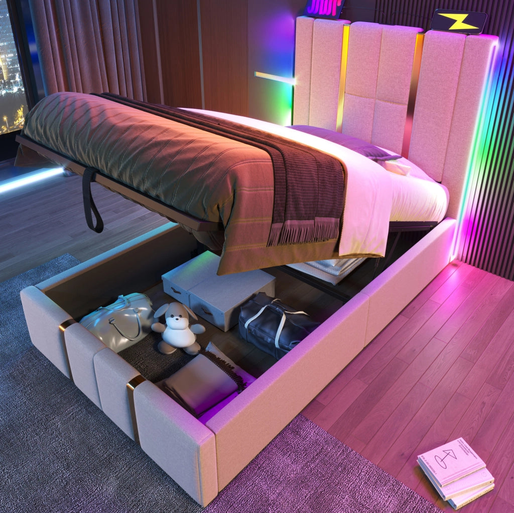 Letto 90x200 cm con contenitore, LED RGB, USB e USB-C, rivestimento in lino beige