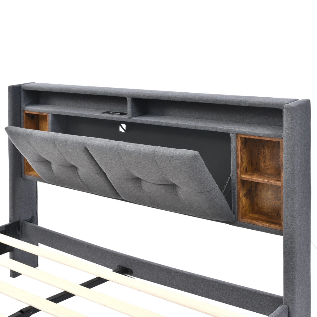 Letto matrimoniale imbottito ULEVR 160x200 cm con testiera contenitore, LED, 2 USB e 2 prese, grigio