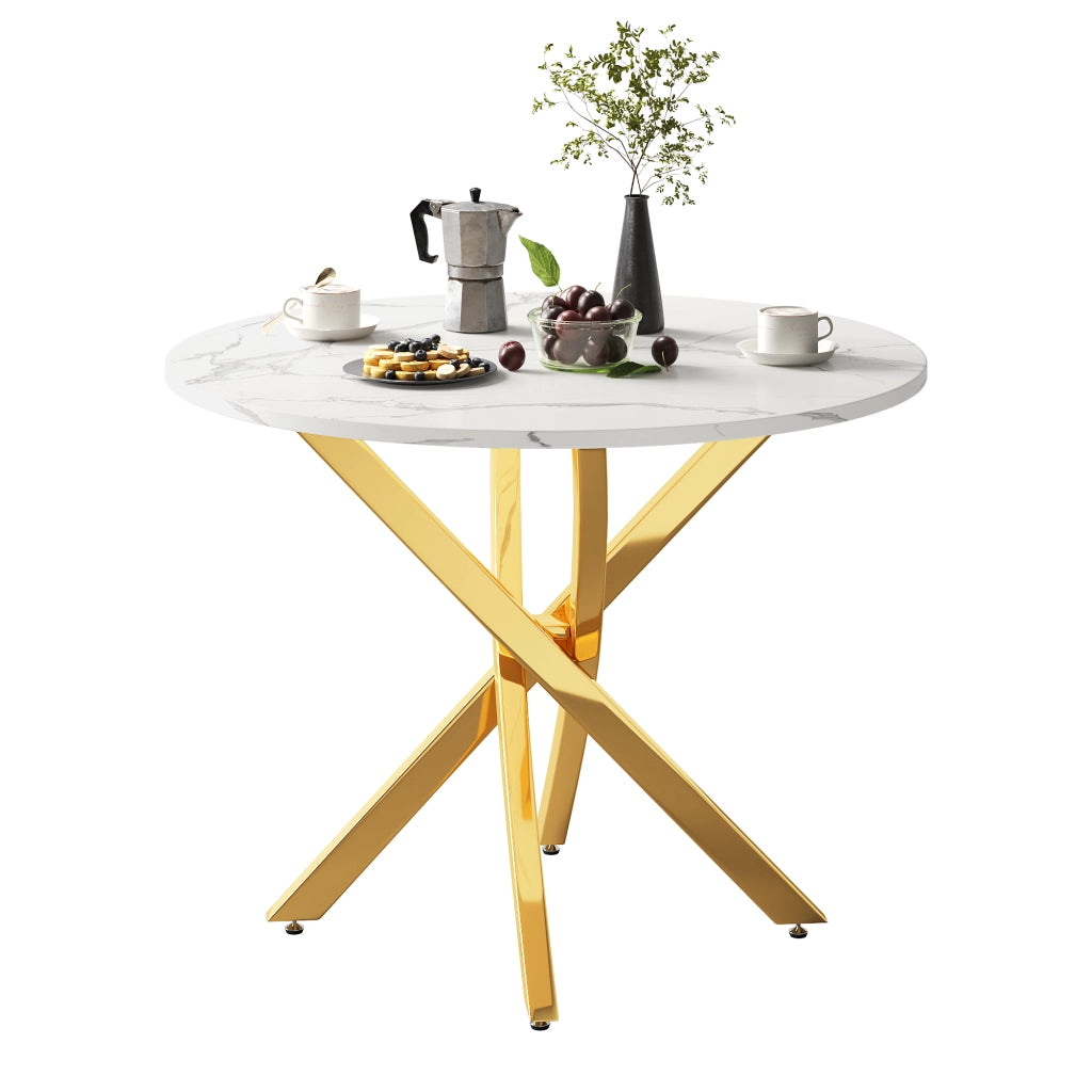 Tavolo da pranzo rotondo da 80 cm con piano effetto marmo e gambe dorate, moderno e stabile