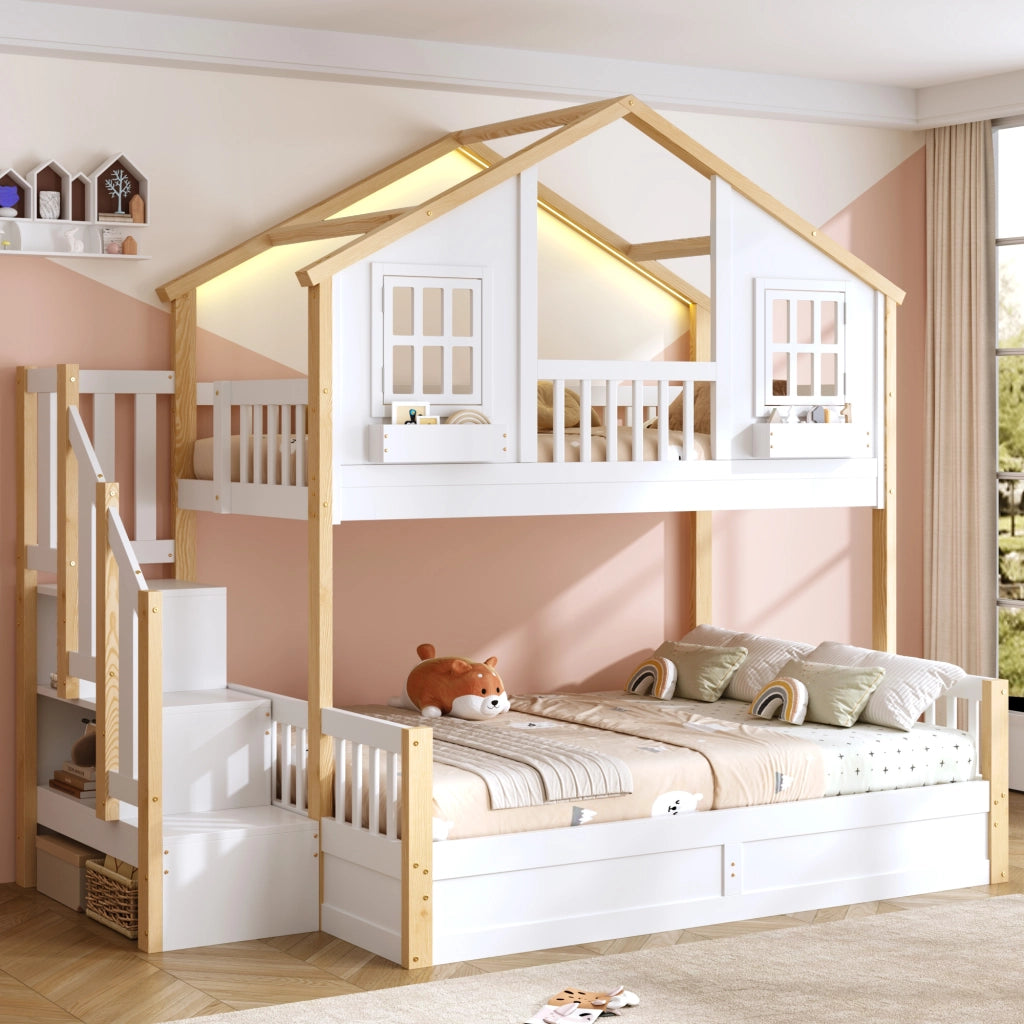 Letto a castello 90x200 e 140x200 con LED; scala contenitore; bianco