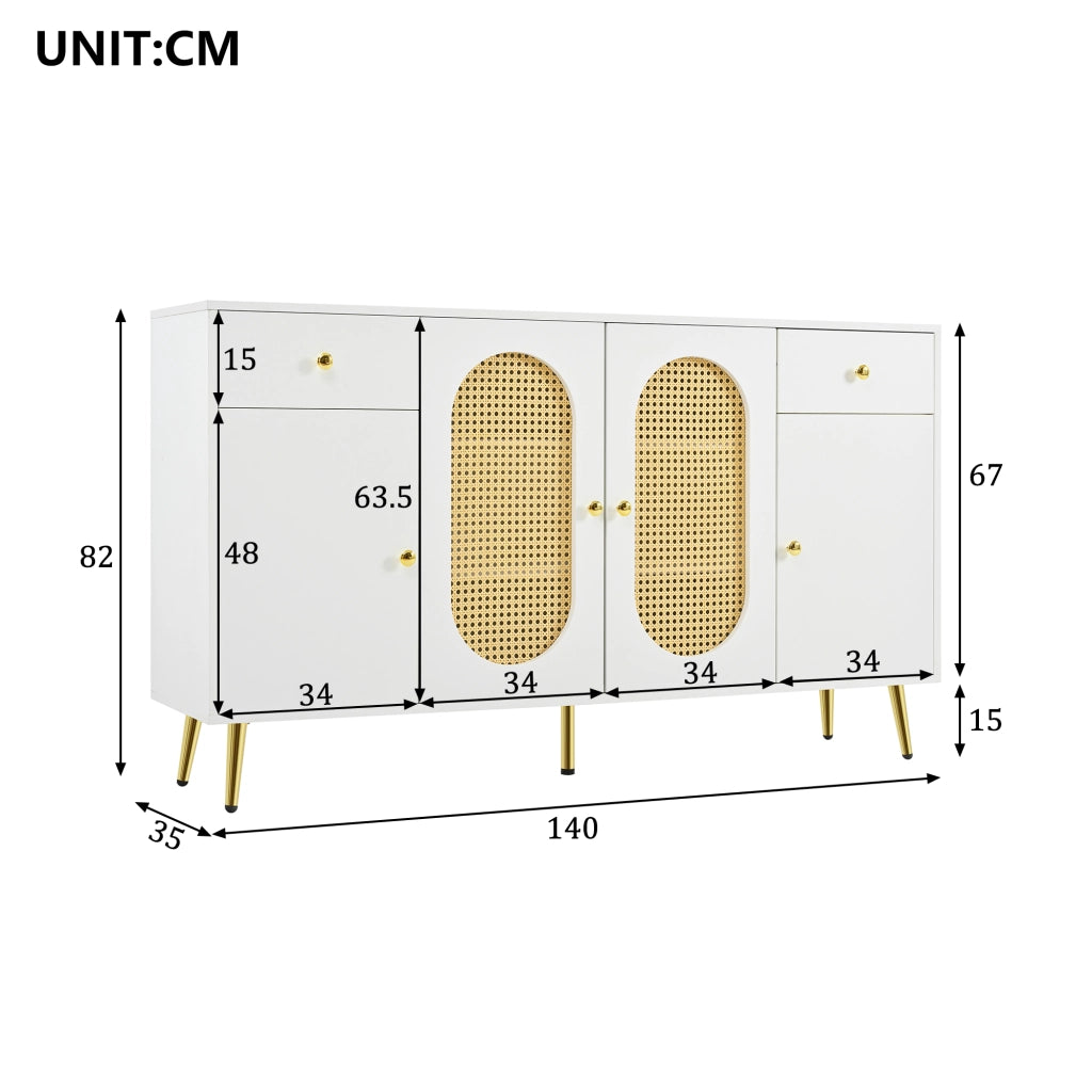 Credenza con 4 ante, 2 cassetti e ripiani regolabili per soggiorno, in truciolare bianco e naturale, 140 × 35 × 82 cm
