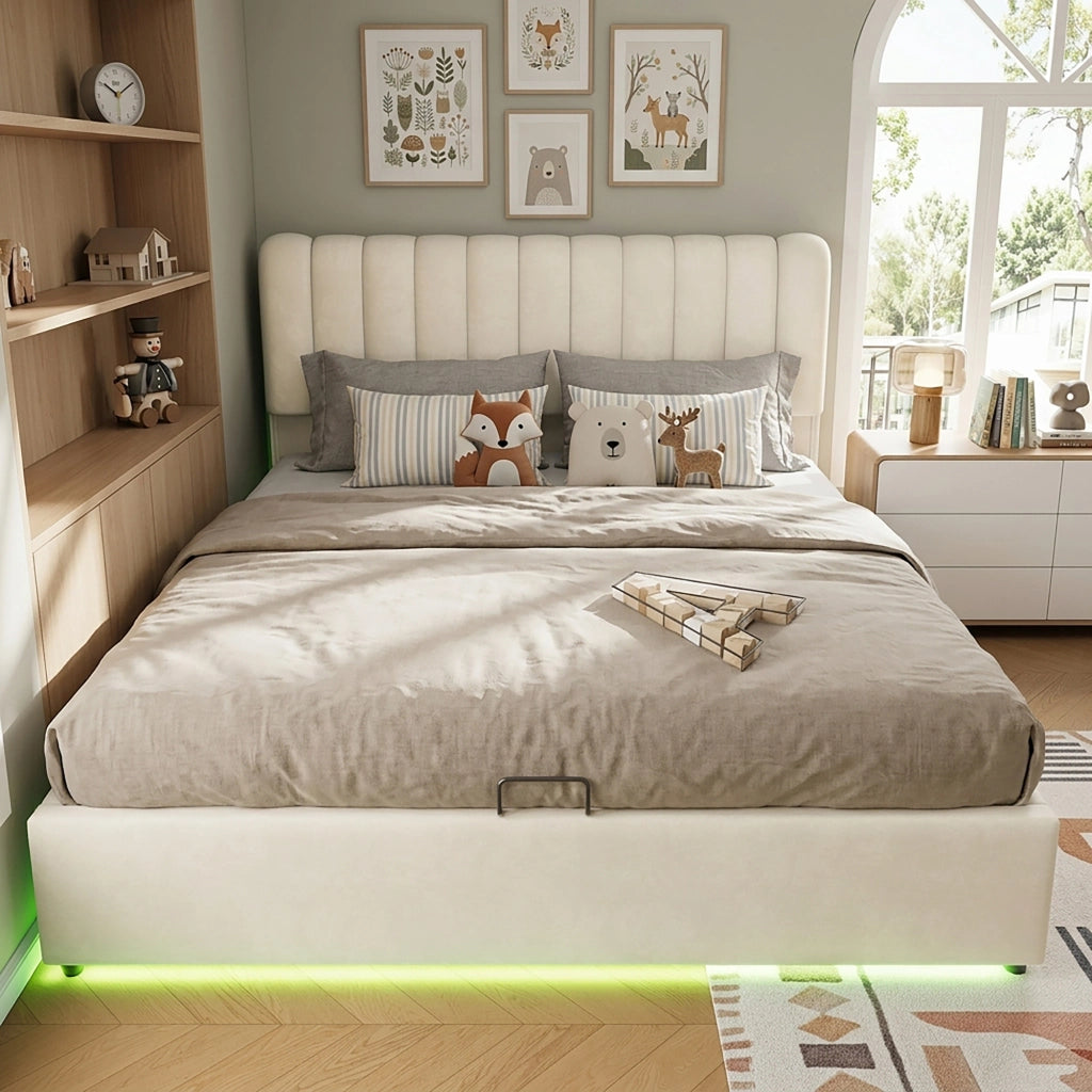 Letto per bambini imbottito 140 × 200 cm con vano contenitore idraulico 3 cassetti velluto beige LED