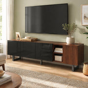 Mobile TV moderno con ante lucide nere e finitura effetto legno, 180 x 38 x 50 cm
