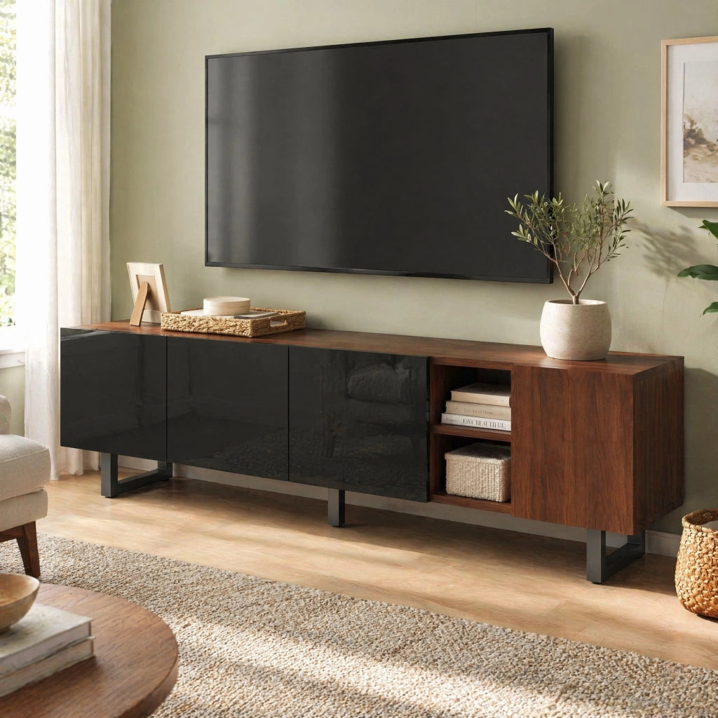 Mobile TV moderno con ante lucide nere e finitura effetto legno, 180 x 38 x 50 cm