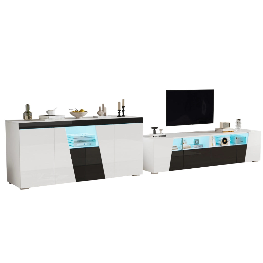 Set mobile TV sospeso con LED e sideboard 4 ante bianco e nero