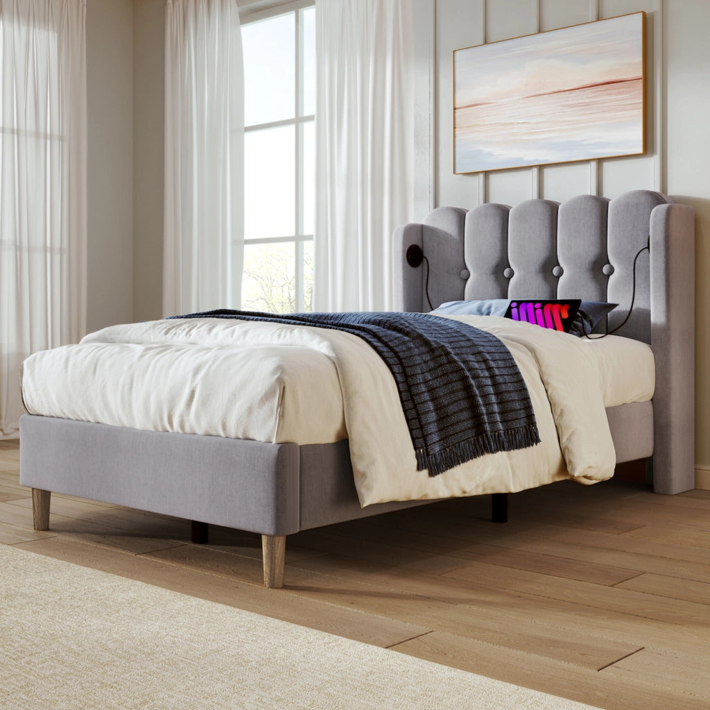 Letto imbottito 90x200 cm con USB e Type-C; struttura in lino grigio