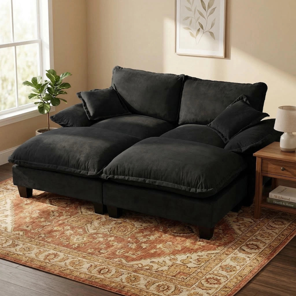 Divano Angolare Modulare con Ottomane ¨C MINIMAL ¨C Chenille Nero, Cuscini Morbidi