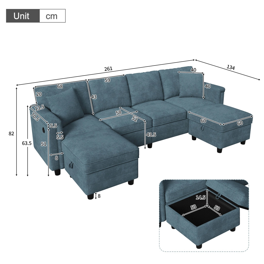 Divano modulare a 6 posti in ciniglia blu con 2 pouf contenitore e ricarica USB Type-C 82 × 261 × 134 cm