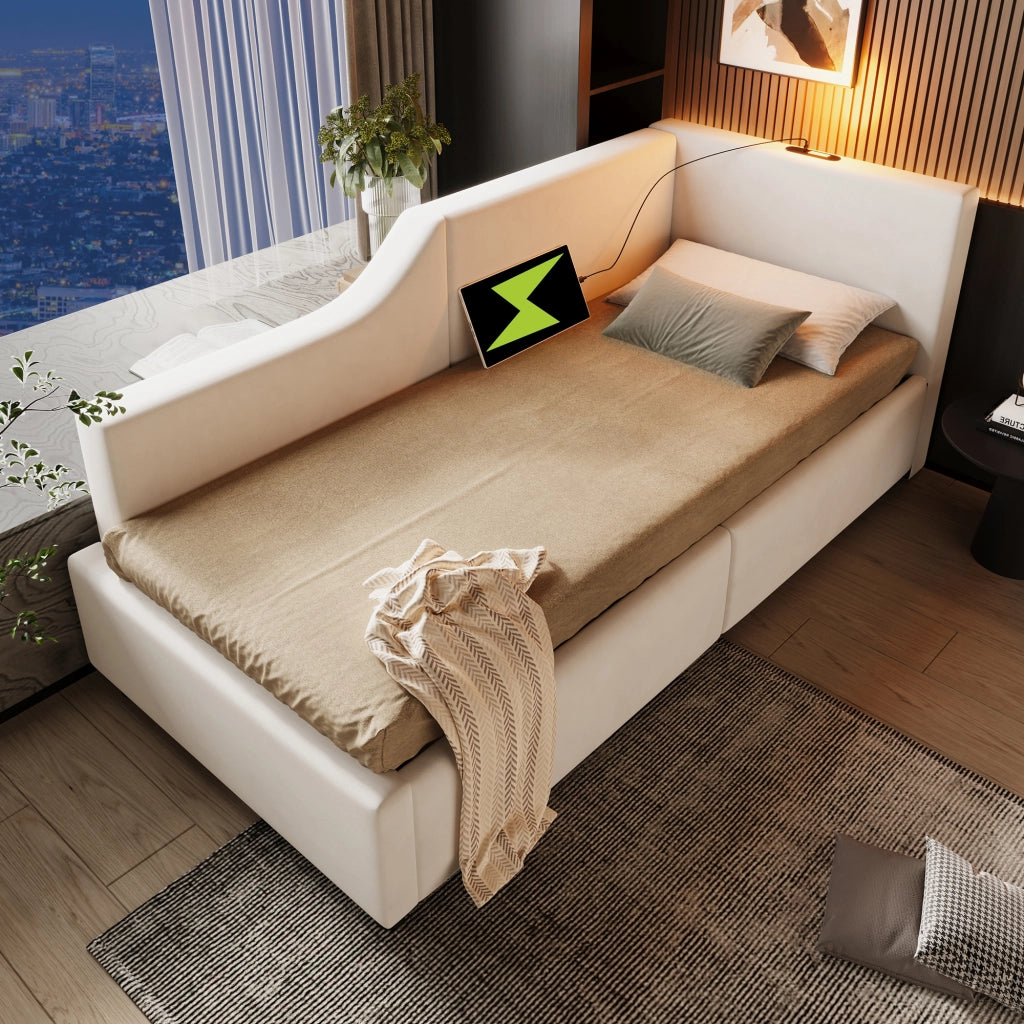 Letto singolo imbottito 90 × 200 cm con contenitore idraulico velluto beige luce da lettura e ricarica USB-C