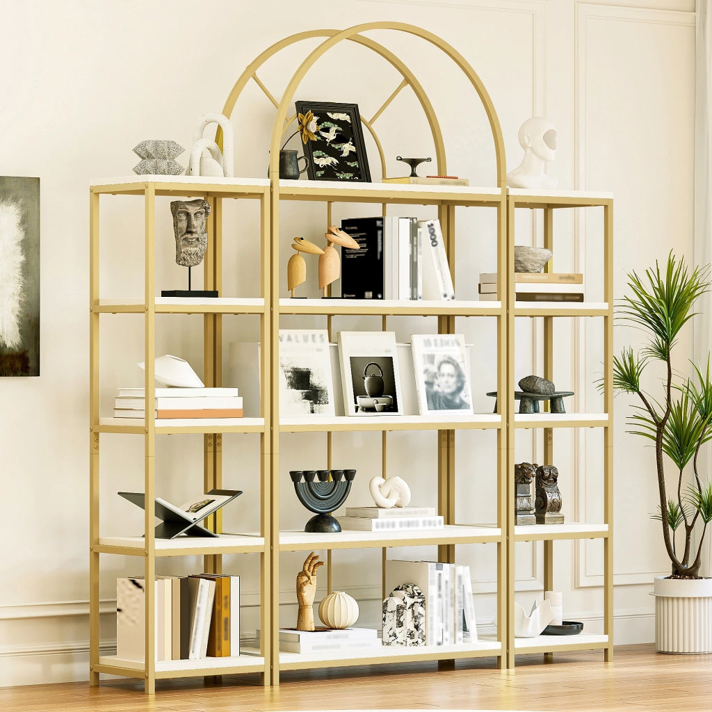 Libreria modulare a 3 elementi con ripiani in MDF e struttura in acciaio dorato, bianca, 163 × 30 × 184 cm