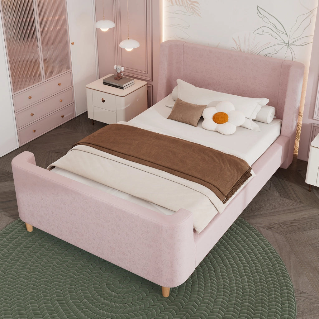 Letto singolo 90 × 200 cm con testiera imbottita e motivo spaziale rivestito in velluto rosa con rete a doghe
